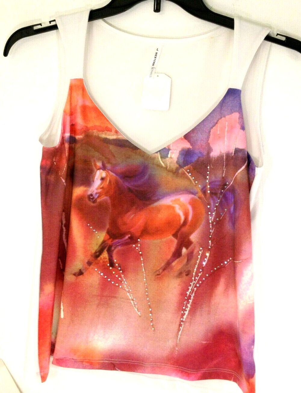 Vintage Western Ethics Horse & Rhinestone Designed Tank Top Size L USA Made Nice